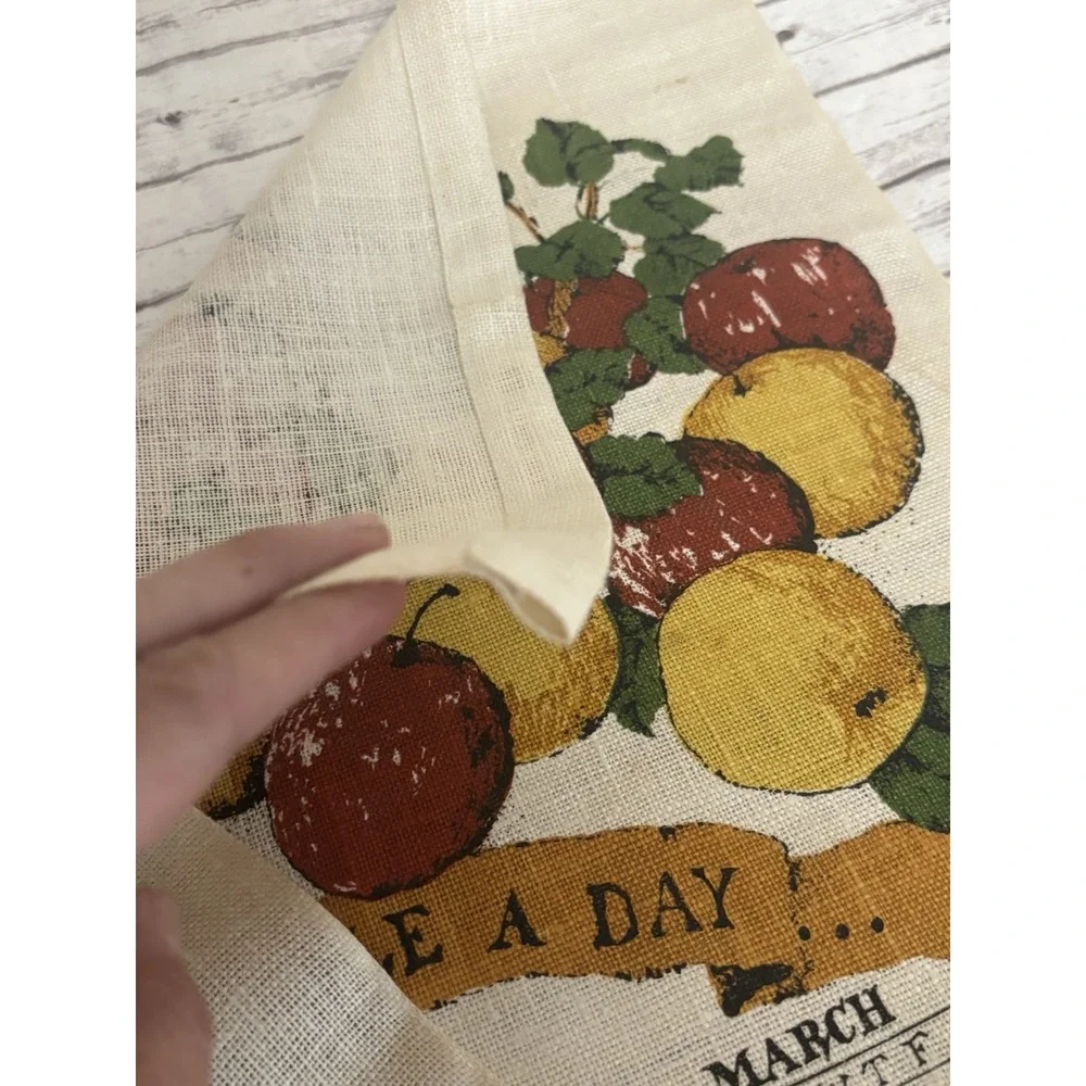 1975 Vintage MCM Linen Calendar Tea Towel Wall Hanging Country Apples Folk Art
